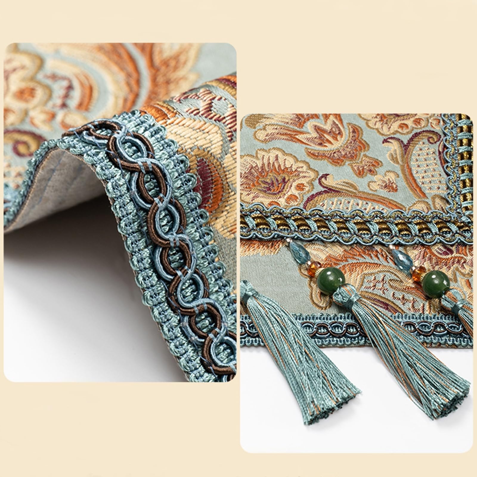 Tischläufer Landhausstil Polyester Leinen, Tischläufer Modern 35x260 cm, Nordisch Jacquard mit Floralem Muster und Quasten