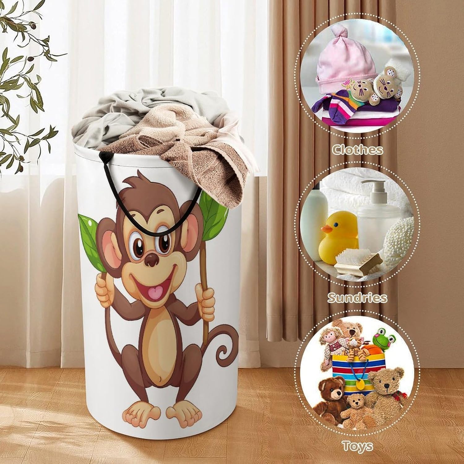 Cartoon Monkey Laundry Basket Freestanding Laundry Hamper with Handles Waterproof Dirty Clothes Hamper Collapsible Washing Bin Aesthetic Clothes Basket for Bathroom Bedroom Dorm