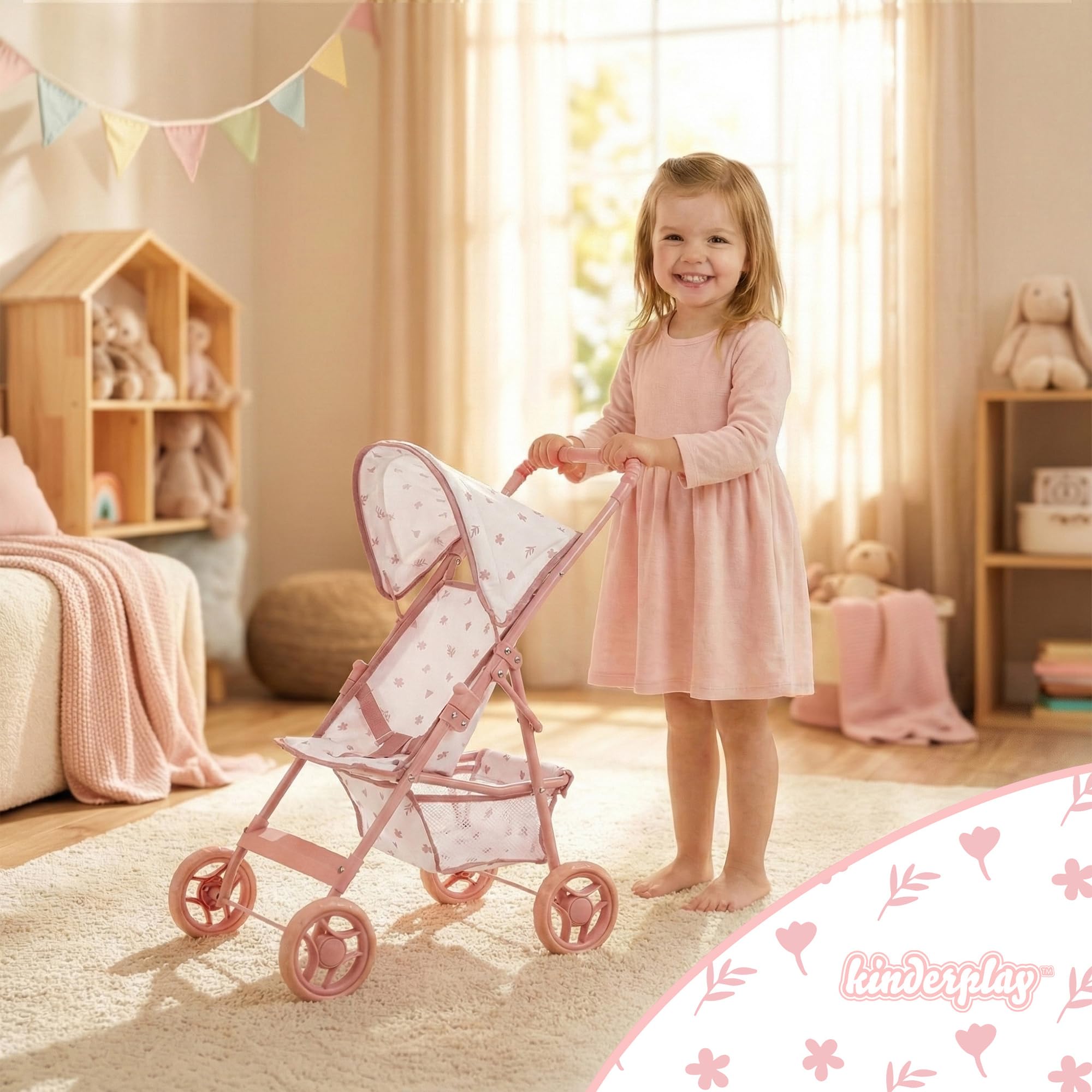 Kinderplay Cochecito de muñecas a Partir de 3 años: Cochecito Plegable Ligero para niñas con Ruedas EVA, cinturón y Visera – Cochecito de Juguete Rosa para muñecas