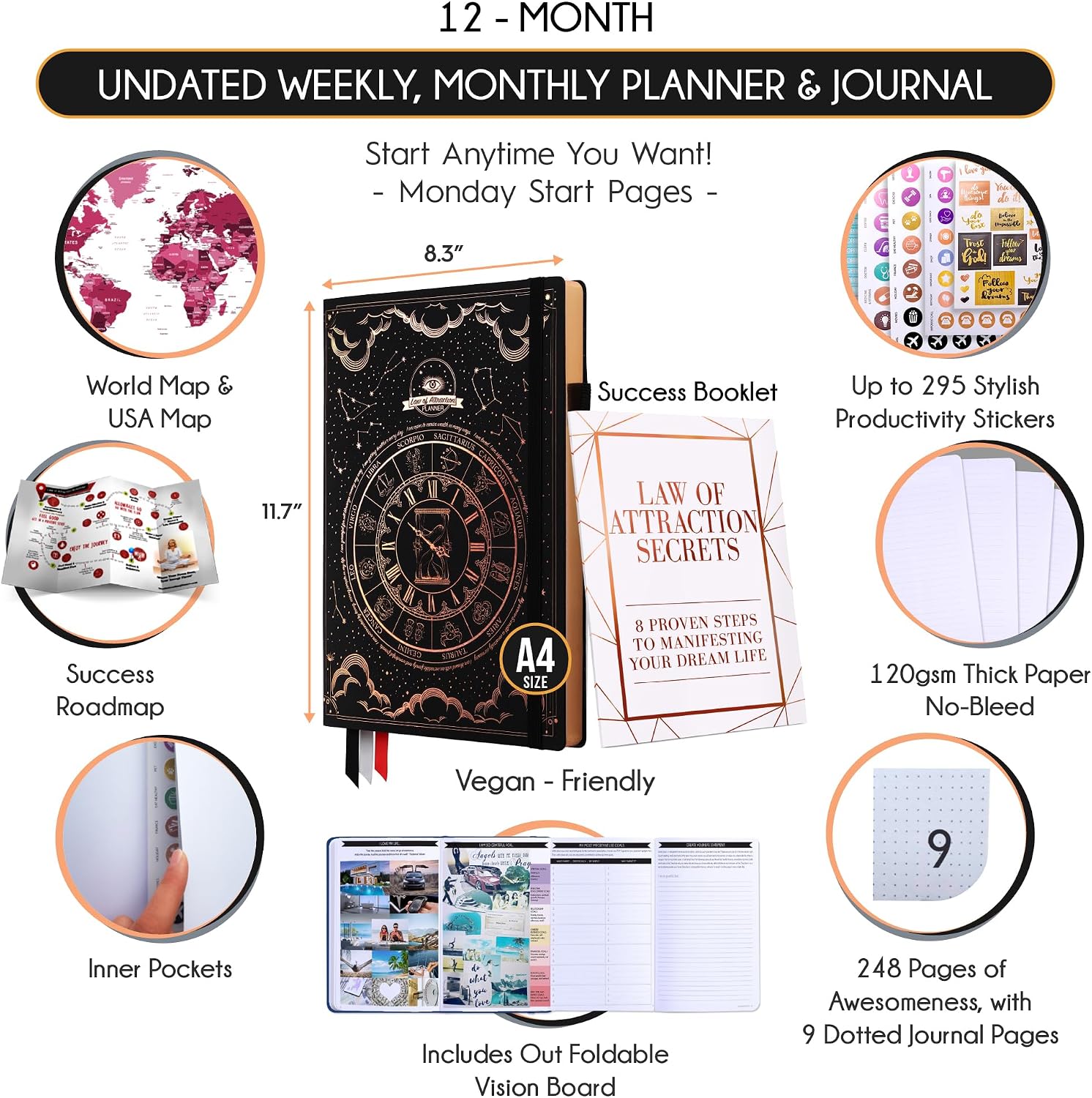 Life Planner - Undated Weekly & Monthly Planner, 12-Month Journey to Increase Productivity | Gratitude Journal, Life Organizer & Goal Journal | Include Foldable Vision Board, Habit Tracker & Stickers