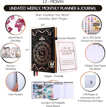 Life Planner - Undated Weekly & Monthly Planner, 12-Month Journey to Increase Productivity | Gratitude Journal, Life Organizer & Goal Journal | Include Foldable Vision Board, Habit Tracker & Stickers