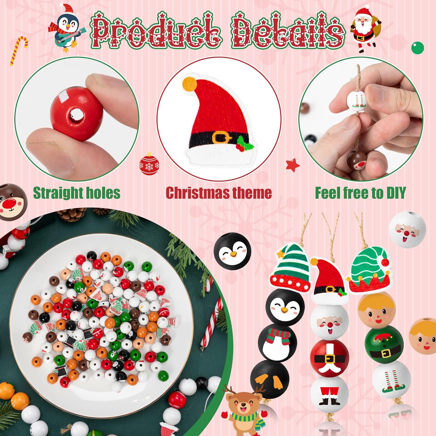 HoniedPepperino Christmas Wooden Bead with Twine - 240Pcs DIY Santa Claus Snowman Gingerbread Man Elf Bead Garland Crafts, Xmas Farmhouse Rustic Round Decor Ornaments for Christmas Winter Party Home - Image 3
