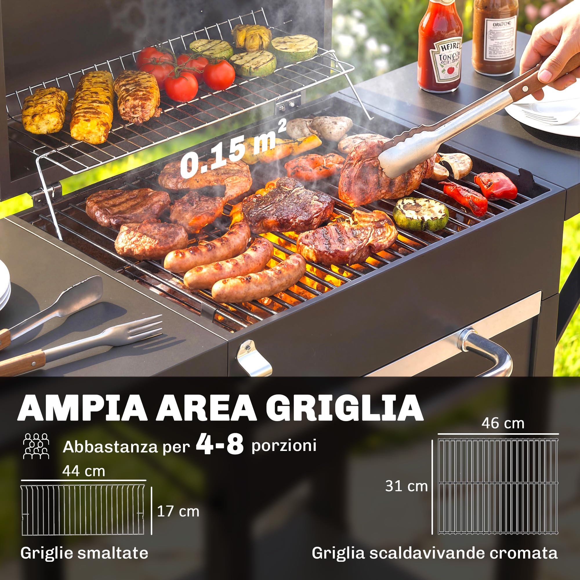 Outsunny Barbecue Carbonella Carrello con 2 Ripiani Laterali, Barbecue Portatile Affumicatore con Termometro, Griglia, Coperchio, Ruote Manico Acciaio Inox, BBQ Carbonella per Giardino Campeggio, Nero