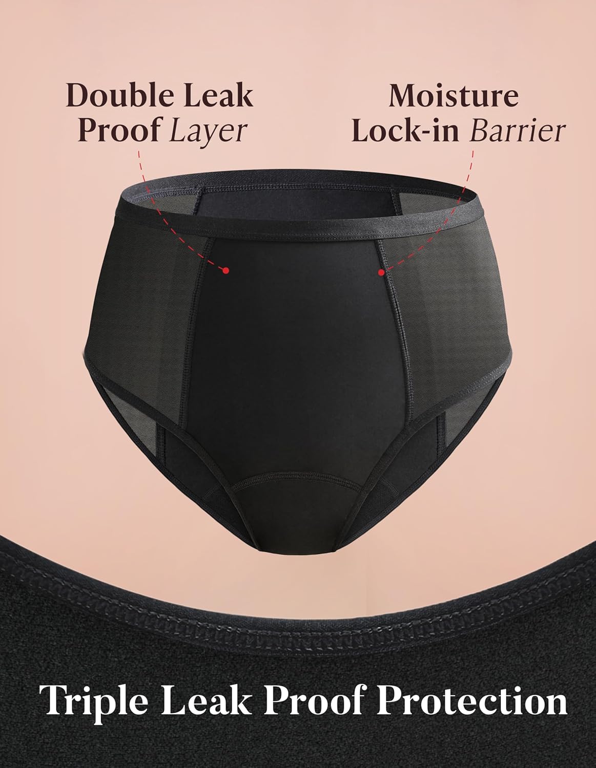 AIRCUTE Washable Women Urine Incontinence Underwear Leak Proof Panties for Postpartum Bladder Leak with 50 ml Absorbency 3 Pack (Black, XL) - Image 4