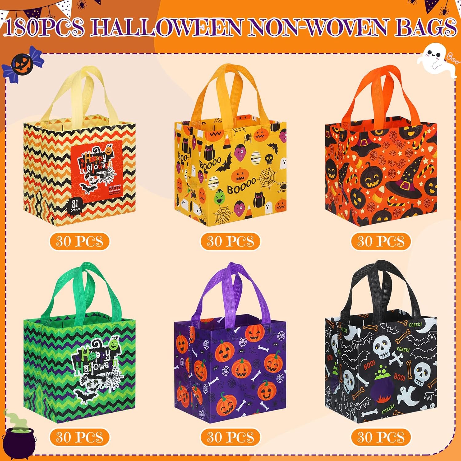 90 Pcs Halloween Tote Bags Bulk Gift Bags Candy Goodie Packaging with Handles Non Woven Packaging for Halloween Party