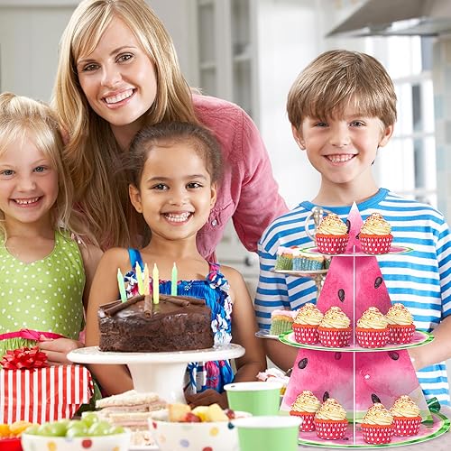 Miniatura 5 de Sliner Soporte para cupcakes de sandía de 3 niveles, decoración de fiesta de verano con tema de sandía, torre de postre de cumpleaños rosa para