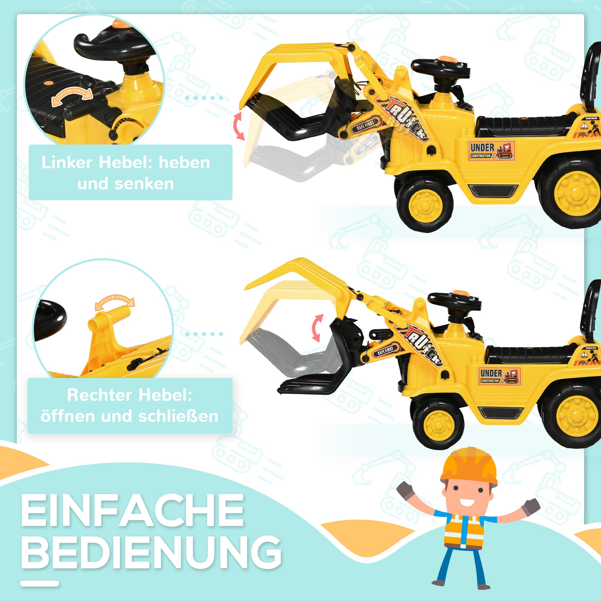 HOMCOM Sitzbagger Aufsitzbagger mit drehbarer Verstellbarer Schaufel, Hupe Kinderbagger mit Stauraum unter Sitz Rutschauto Spielzeugbagger zum Sitzen bis 30 kg, Sandbagger für Kinder 2-4 Jahre Gelb