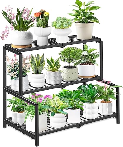 Soporte de metal para plantas de 3 niveles estilo escalera para interiores y exteriores, estante de exhibición de plantas resistente para múltiples