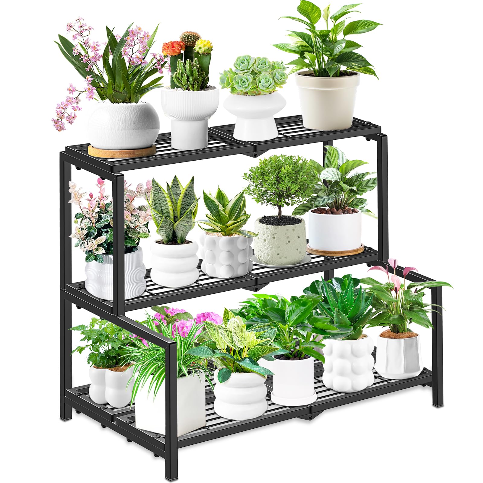 VeyFolzin.st 3 Tier Stair Style Metal Plant Stand for Indoor Outdoor, Heavy Duty Plant Display Shelf for Multiple Plants, Garden Rack Flower Pot