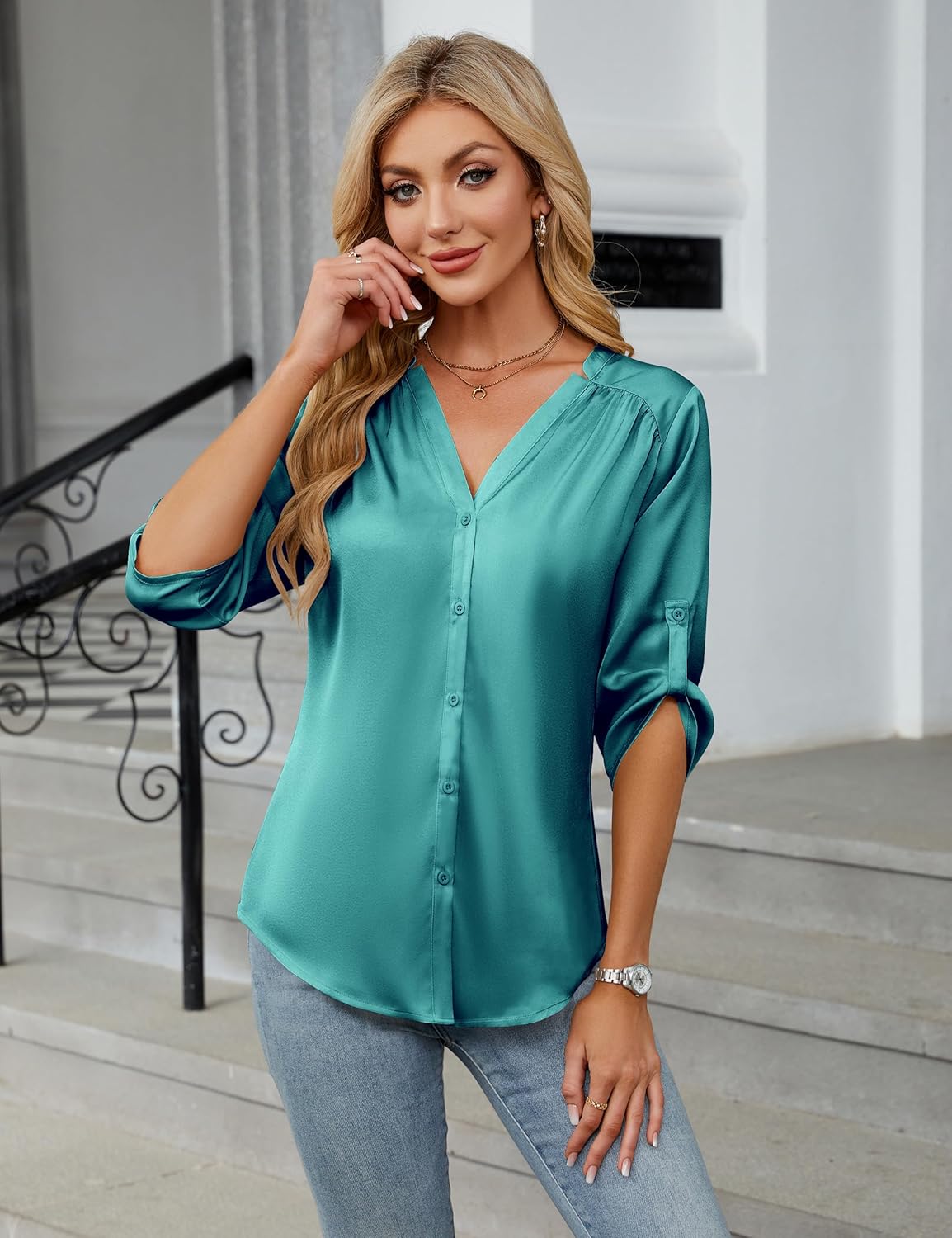 Blooming Jelly Womens Button Down Shirts 3/4 Sleeve Dressy Casual Tops Pleated Satin Silk Business Blouses 2026 - Image 5
