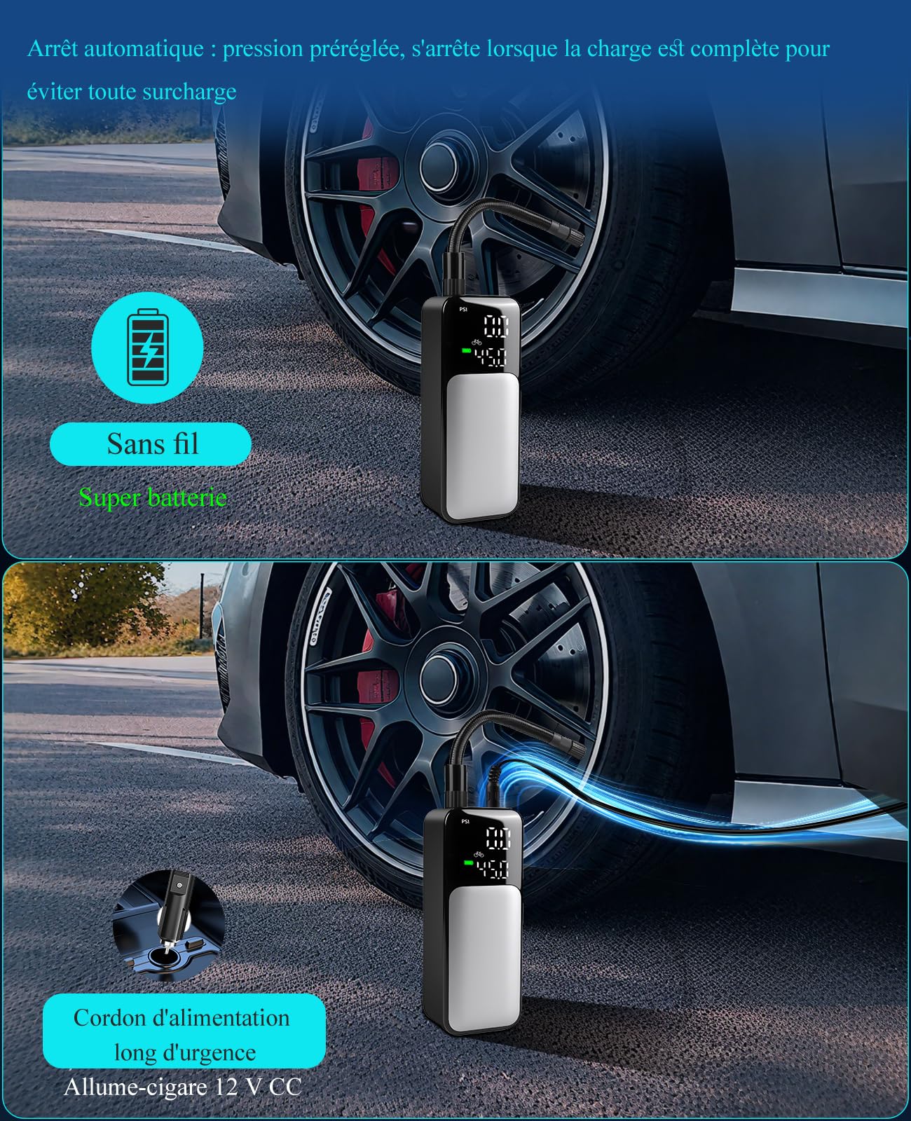 Gonfleur Pneus Voiture Sans Fil 80W Compresseur à Air Portatif Voiture 150 PSI 8000 mAh Gonfleur Electrique, Pompe a Velo, Inflation Rapide, Arrêt Automatique, LED, Pompe pour Moto