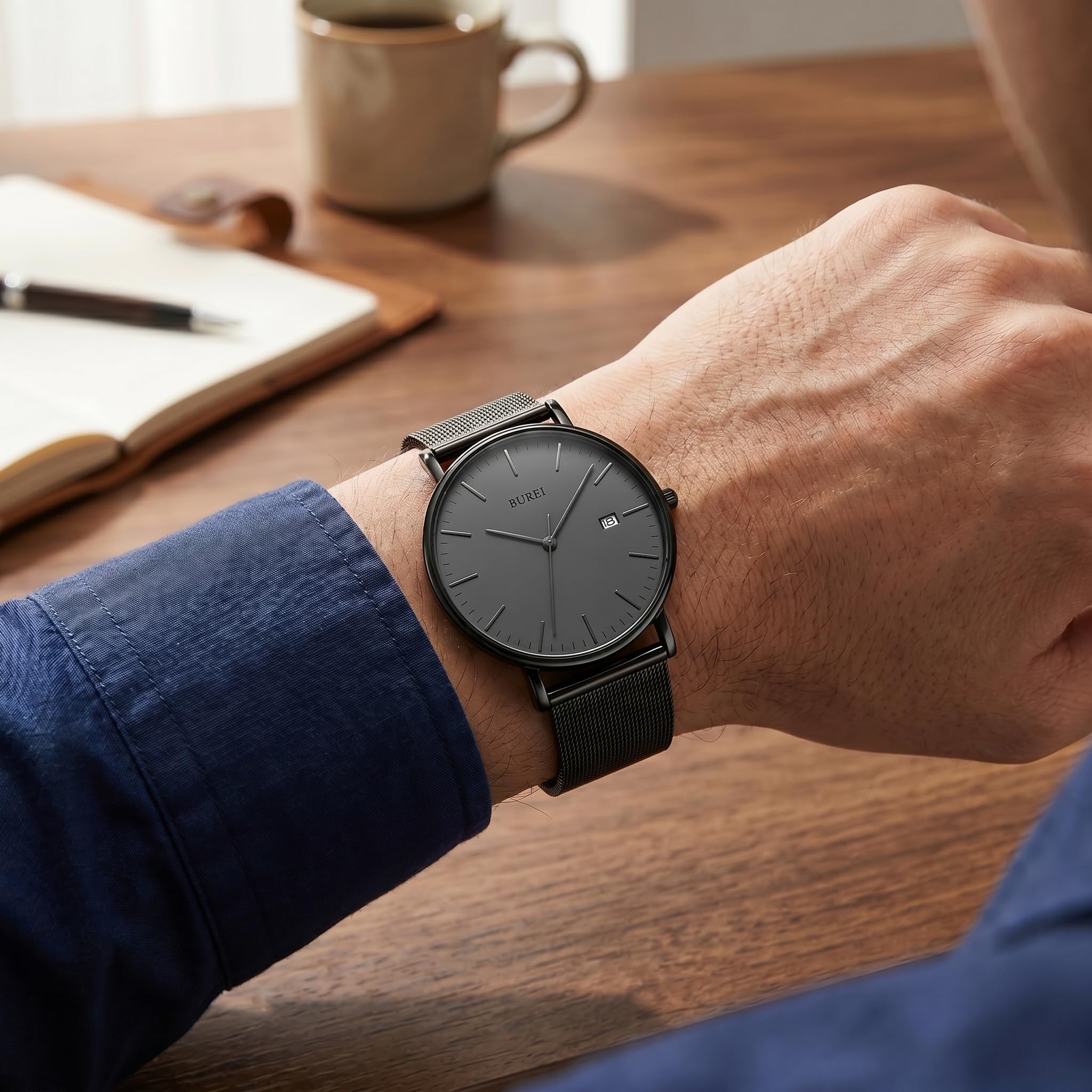 BUREI Ultra Dünne Uhren Herren mit Japanischem Quarzwerk – Nur 6,6mm Flache Armbanduhr Herren aus Edelstahl-Mesh, wasserdicht | Minimalistische Herrenuhr für Sport & Freizeit | Geschenk für Männer