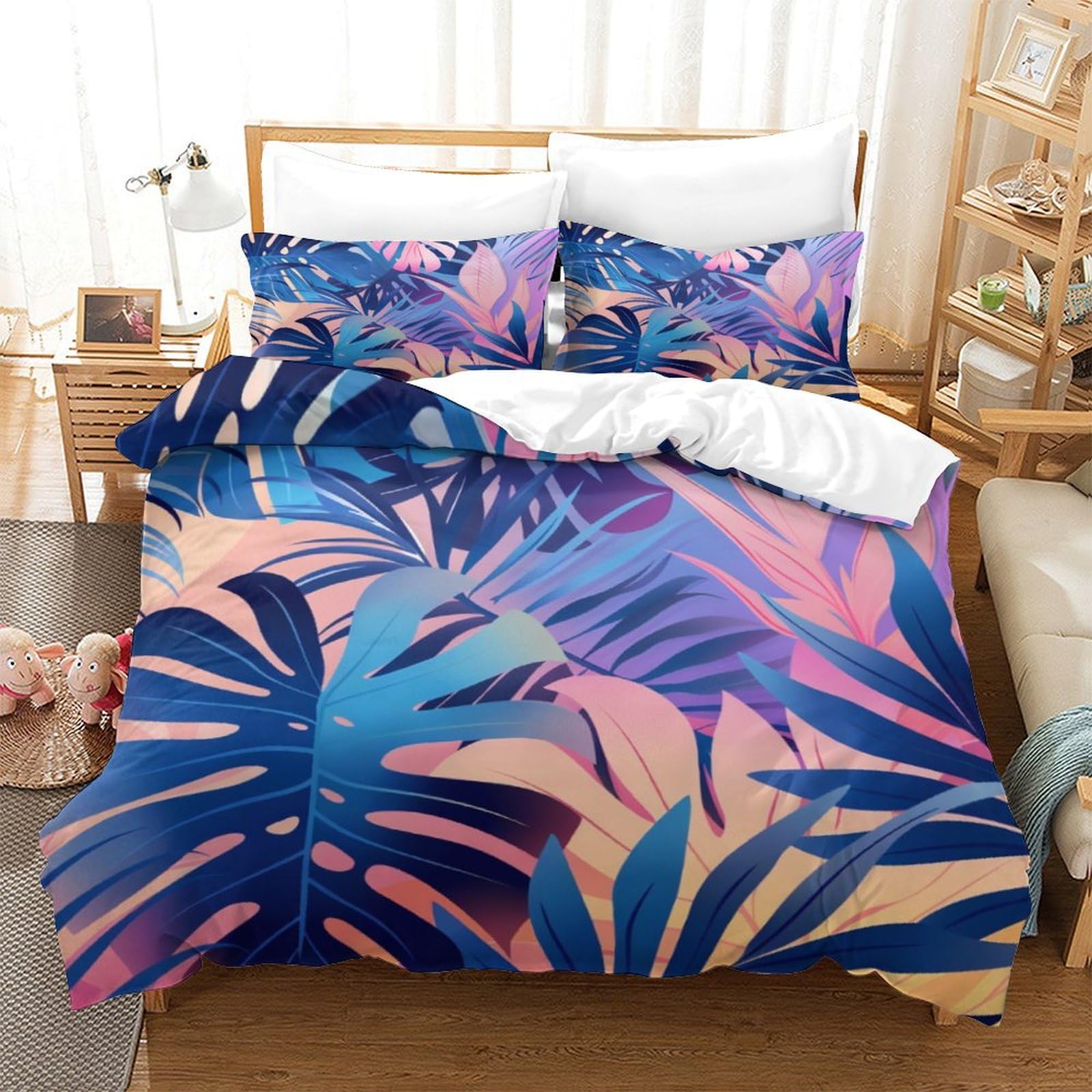 Housse de couette plantes tropicales et 2 taies en microfibre pour lit enfant