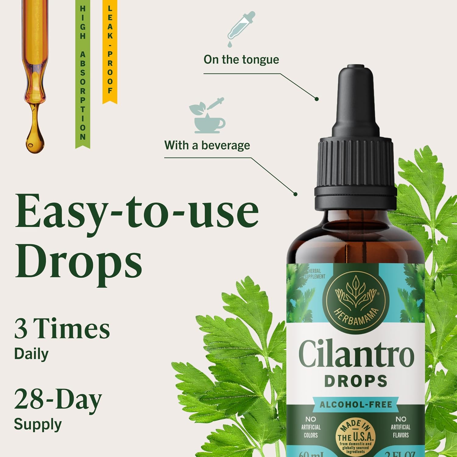 HERBAMAMA Cilantro Tincture - Vegan Cilantro Extract Drops Rich in Antioxidants for Natural Cleansing & Detox - Non-GMO, Alcohol & Sugar-Free Liquid Supplement, 28-Day Supply - Image 6