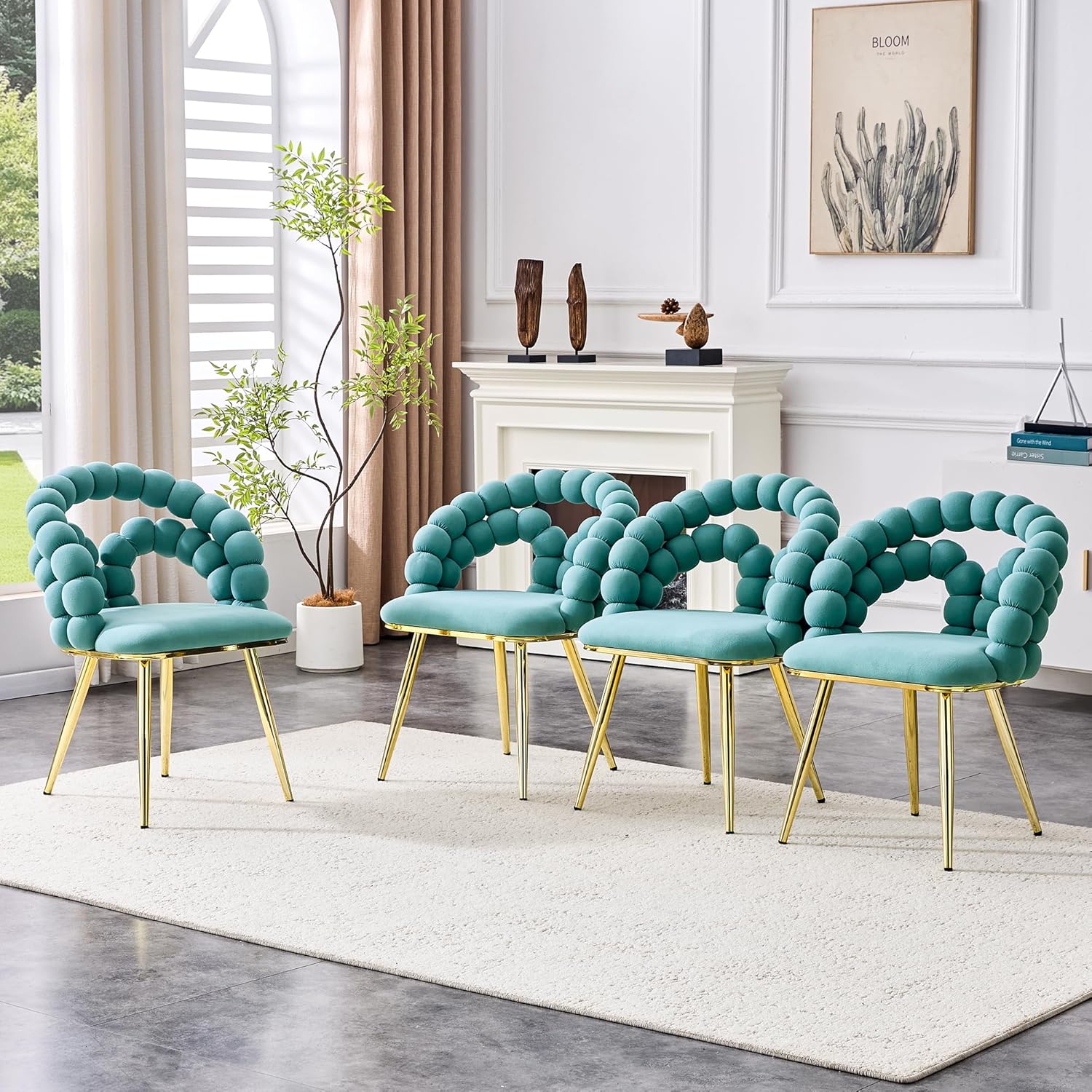 HUMEHA Puffy Bubble Ball Chain Dining Chairs Set of 4, Teal Velvet with Gold Legs, Modern Luxury Kitchen Chairs, Ergonomic Lumbar Support