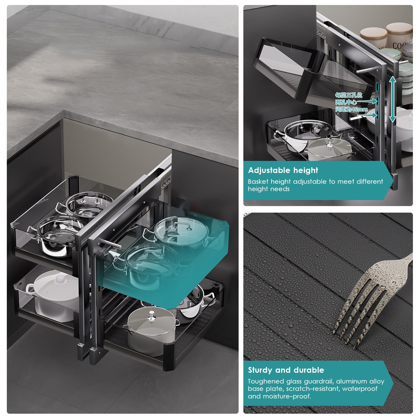 Ausziehbarer Eckorganizer für Küche mit 4 Körben, für linke & rechte Türen (ab 405mm), 2-stufiges Schienensystem, Unterbau-Montage, platzsparend für Familie