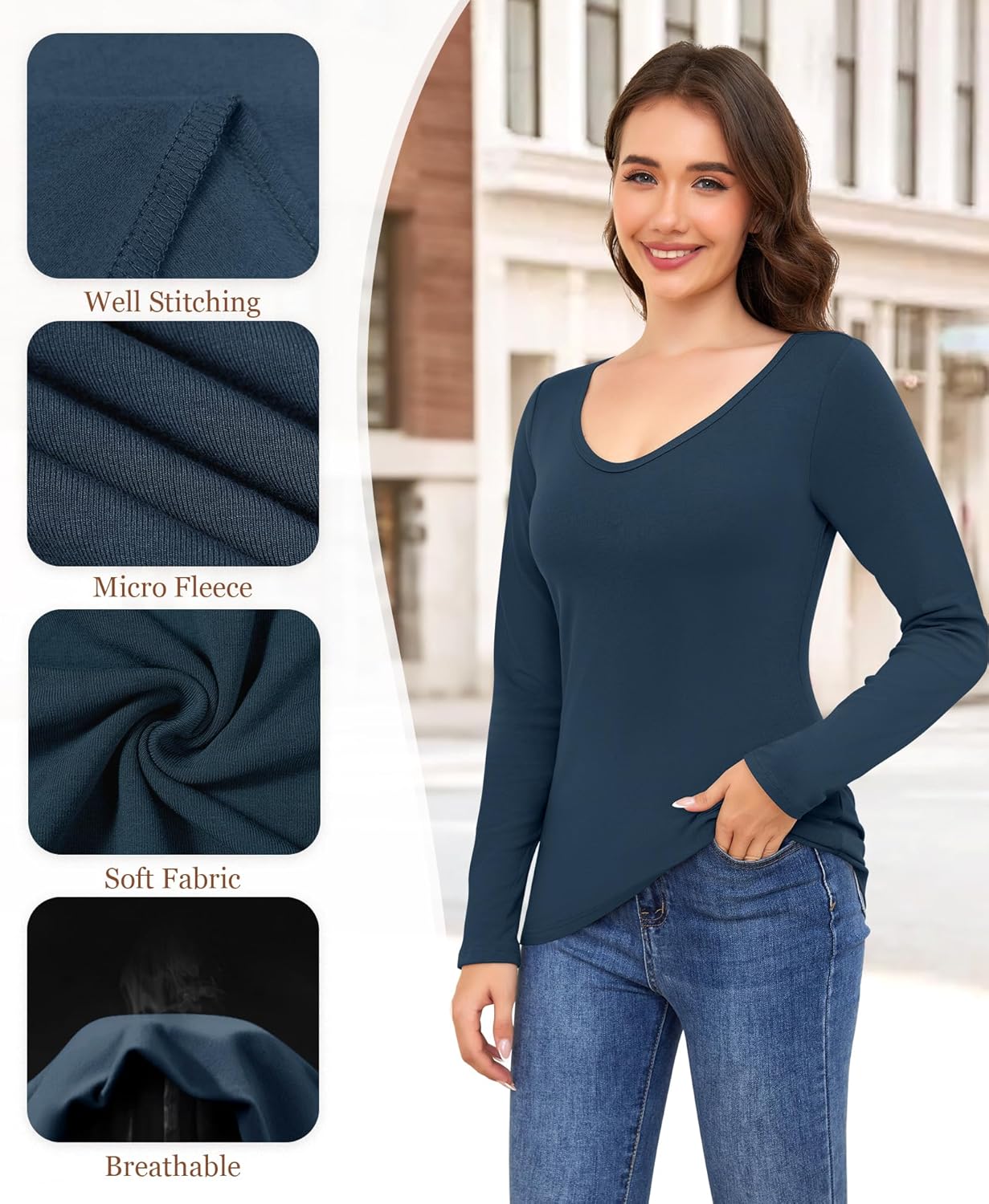 Ganado Long Sleeve Shirts for Women V Neck Thermal Shirt Layering Undershirts Plain Fitted Basic Tops - Image 5