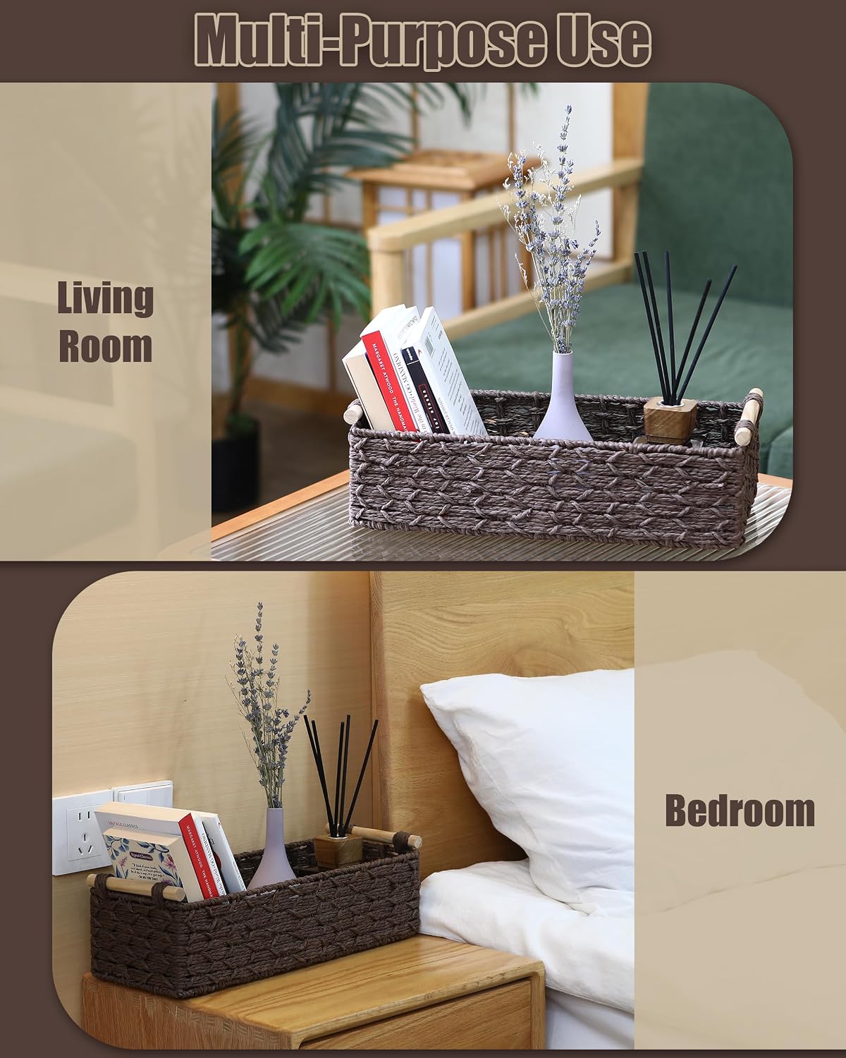 Sea Team Paper Rope Woven Storage Basket with Wooden Handles, 2-Pack