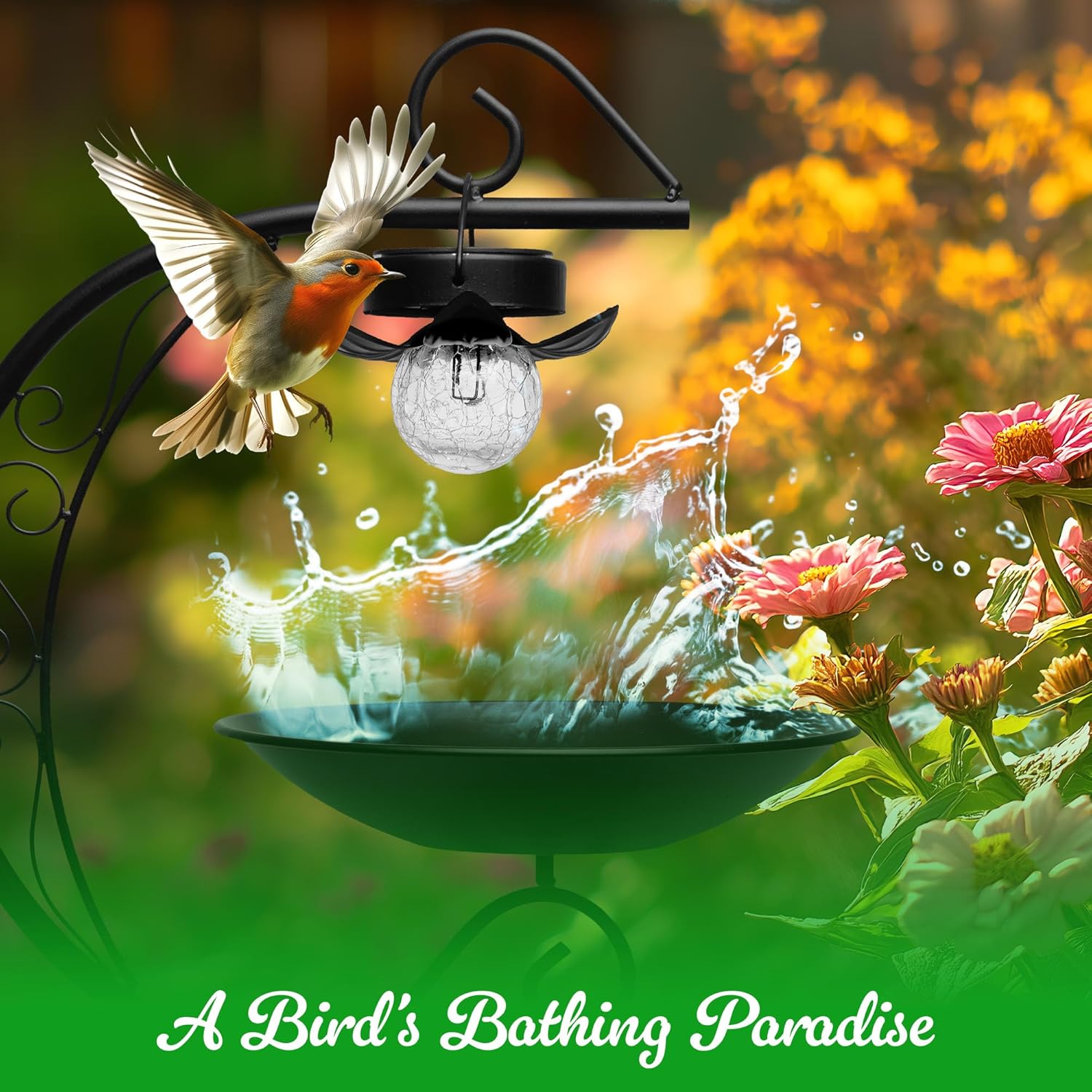 G128 2-Tier Bird Bath with Flower Planter Pedestal, 36" Bird Baths for Outdoors with Solar Lighting Lamp, Elegant Birdbath Birdfeeder for Garden Yard Patio Lawn Decor