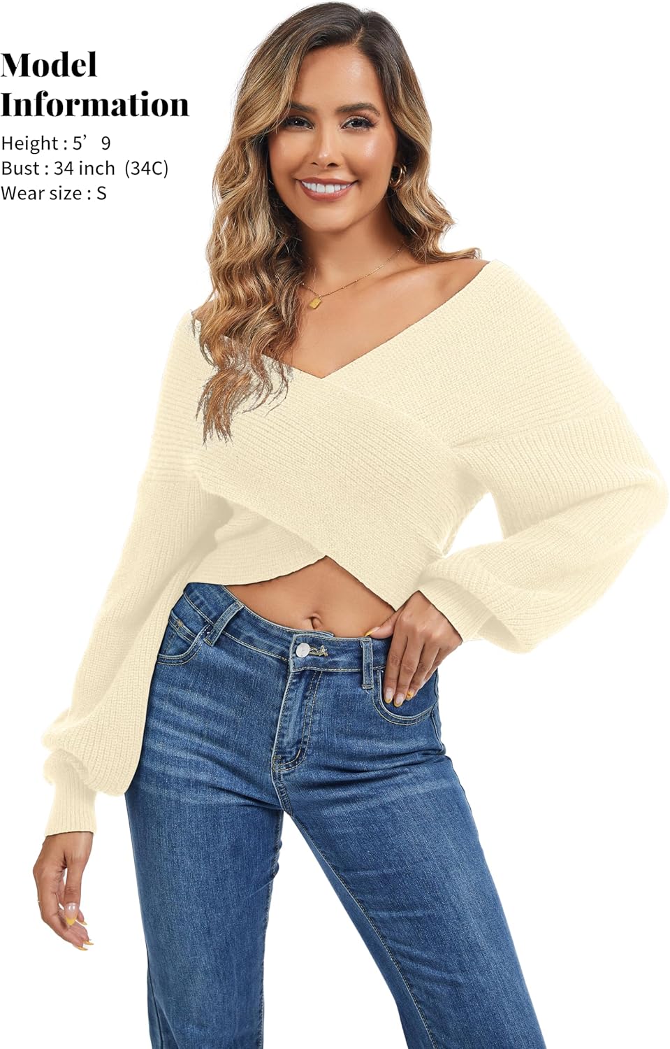 Sixstar V Neck Batwing Cute Cropped Sweater for Women Cross Wrap Front Sexy Lightweight Soft Knitted Short Pullover Jumper - Image 3