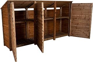 Wooden log store 6ft with doors (W-335cm, H-180cm, D-88cm) (With kindling shelf (Roof sloping back), Brown)