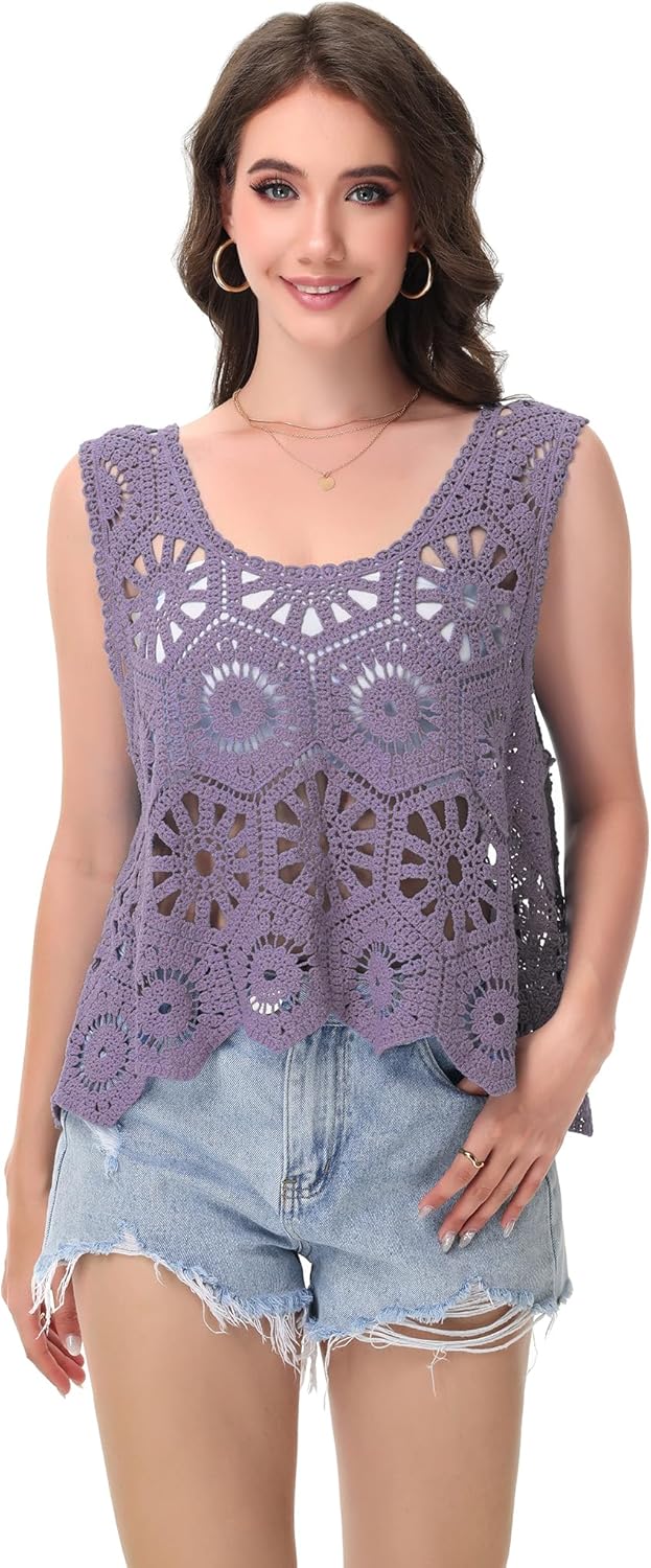 Anna-Kaci Women's Crochet Knit Tank Top with Hollow Flower Sleeveless Boho Lace Cover Up - Image 5