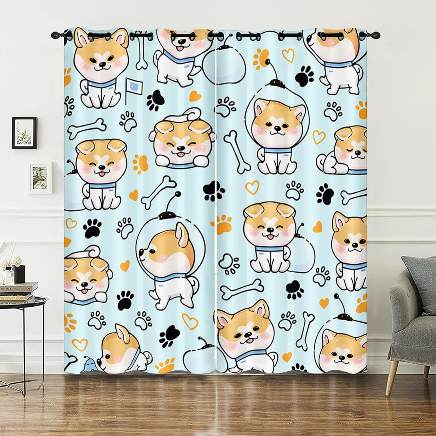AILONEN Cute Dog Window Curtain,Cartoon Dog Window Treatments Drapes for Kids Girls Boys,Kawaii Animal Theme Drapes Curtains for Bedroom Living Room, 42" W x84 H (2 Panels)