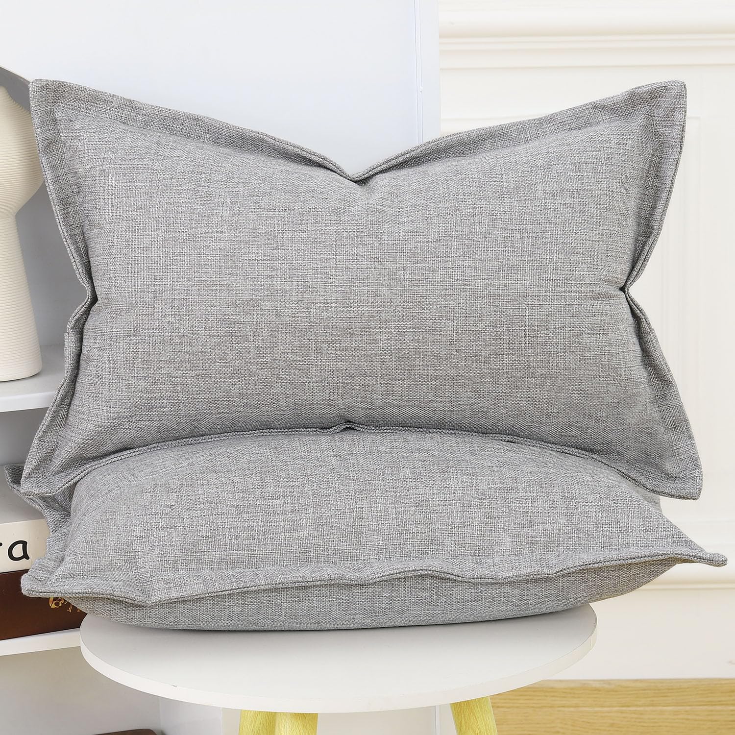 Madizz Set of 2 Faux Linen Cushion Covers with Broad Edge Soft Boho Decorative Pillow Cases for Sofa Bedroom Modern Pillow Shell 12x20 inch - Image 2