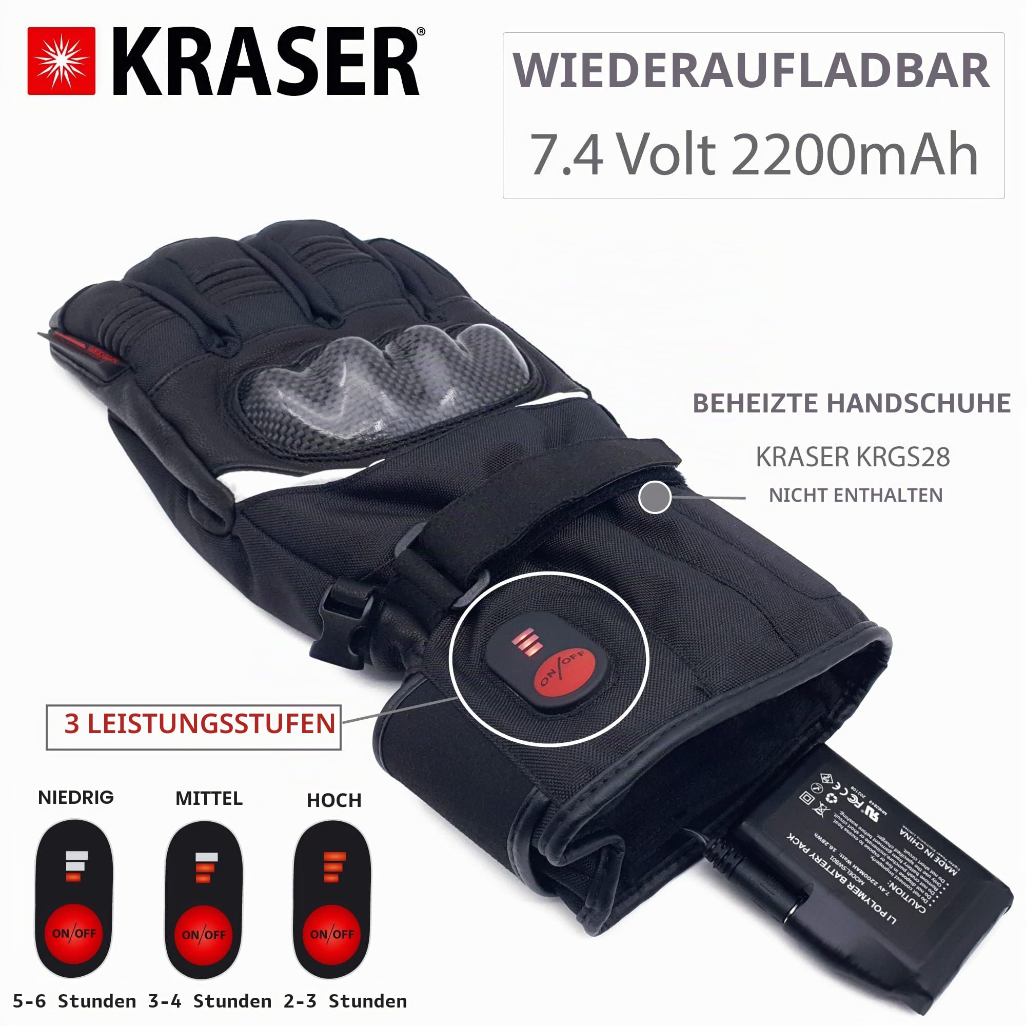 KRASER KRB01 Pack 2 Akkus für beheizte Handschuhe Bekleidung Elektrosocken, Lithium Polymer Ersatzakku, Buchse 7,4 Volt 2200mAh Lithium-Ionen Polymer