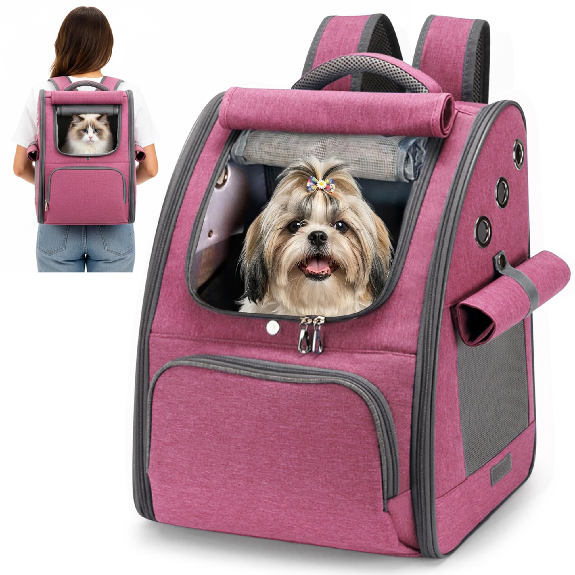 ALLSOPETS Mochila para Gatos, Mochila para Perros Plegable y Transpirable con Cortinas Solares Tipo Transportín Gato Ideal para Viajes Senderismo y Camping (Rosa Baya)