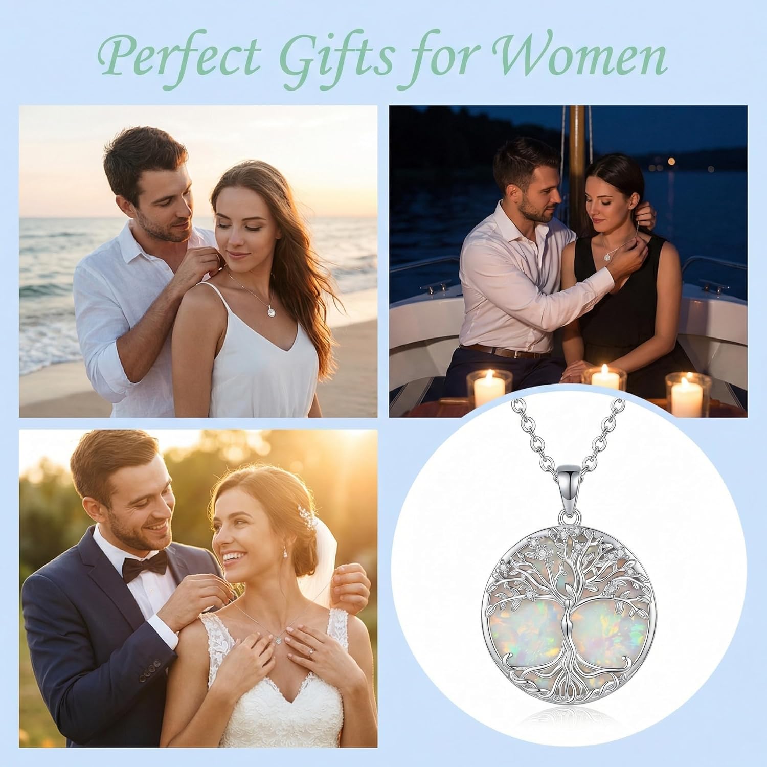 Tree of Life Necklace 18K White Gold Plated Opal Pendant Necklace Family Tree Jewelry gifts for Women Mom