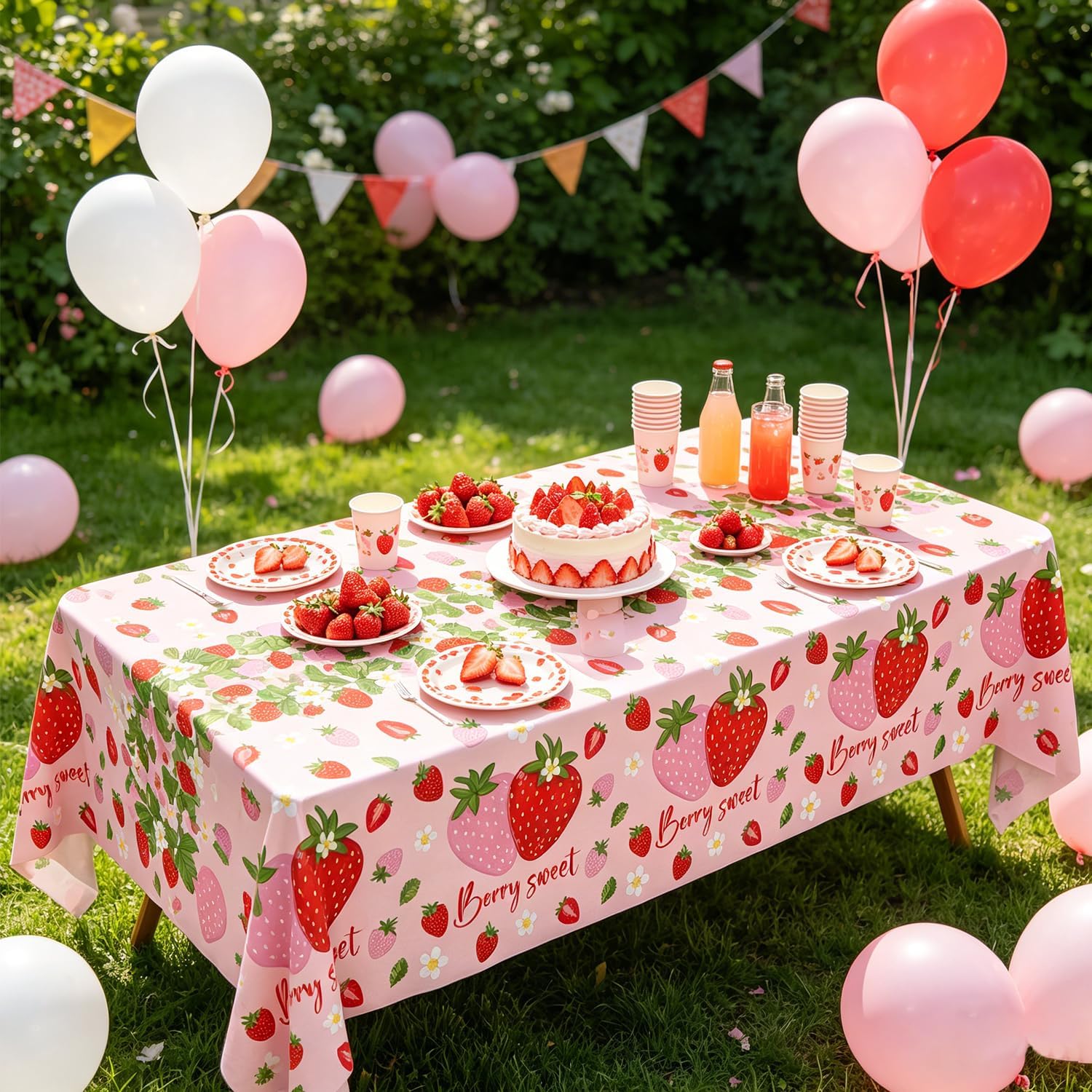 YJZCP 4 Pack Strawberry Tablecloth Berry Sweet One Disposable Table Cloth Pink Strawberry Birthday Party Decorations Fruit Theme Party Table Covers for Girls Berry Party Baby Shower Supplies 51X86IN