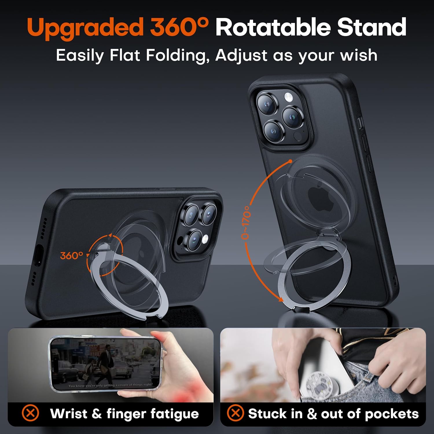 【2024 New Upgrade】360° Spin Titanium Magnetic Stand for iPhone 14 Pro Max Case [16FT Military Grade Shockproof] [Fit for MagSafe] Matte Translucent Slim Kickstand 14 ProMax Phone Cover 6.7'', Black