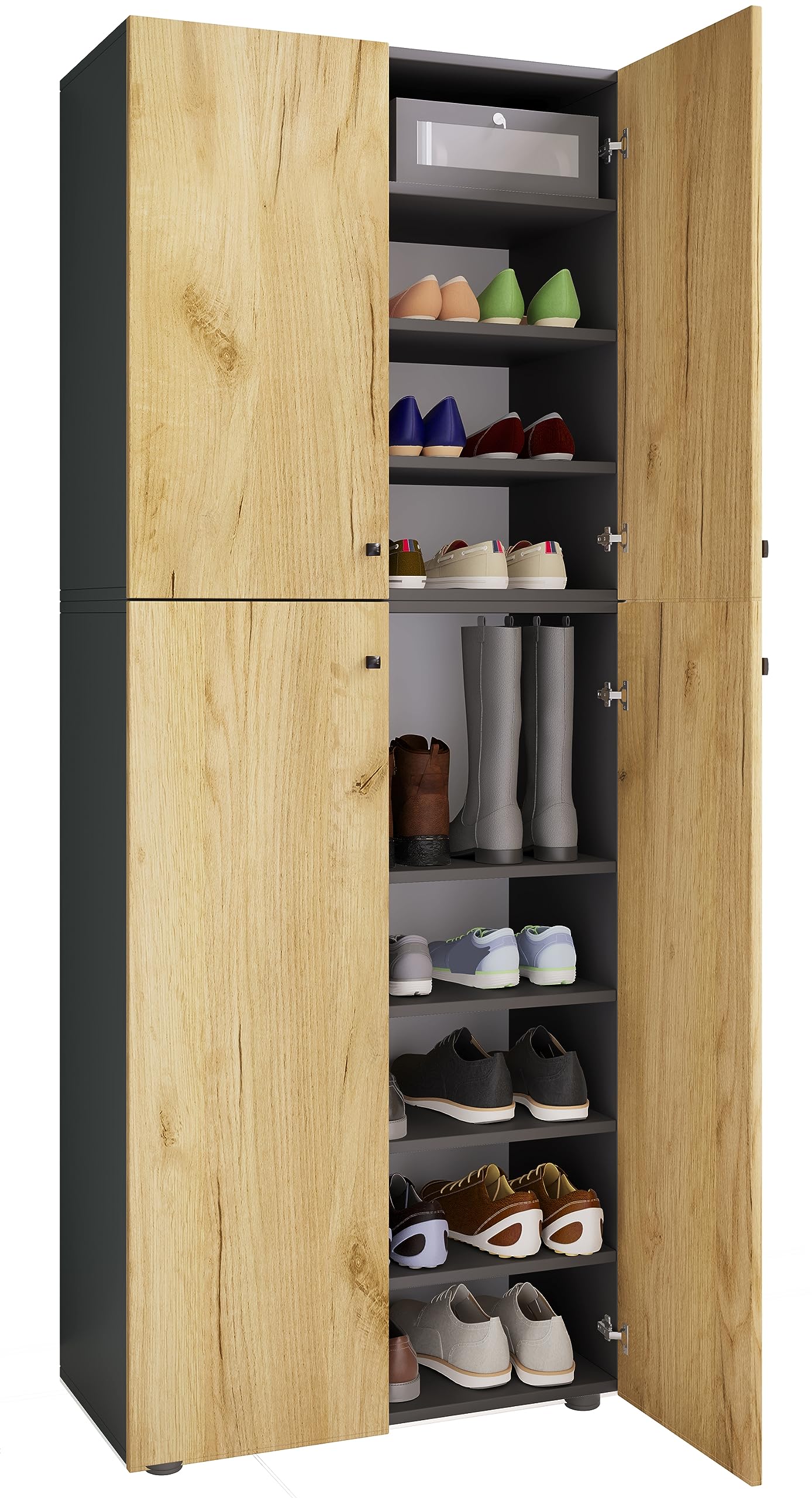 VCM Holz-Schuhschrank, Maße: B. 70 x H. 184 x T. 40 cm, Allzweckschrank, 9 Fächer, 4 Drehtüren - Lona