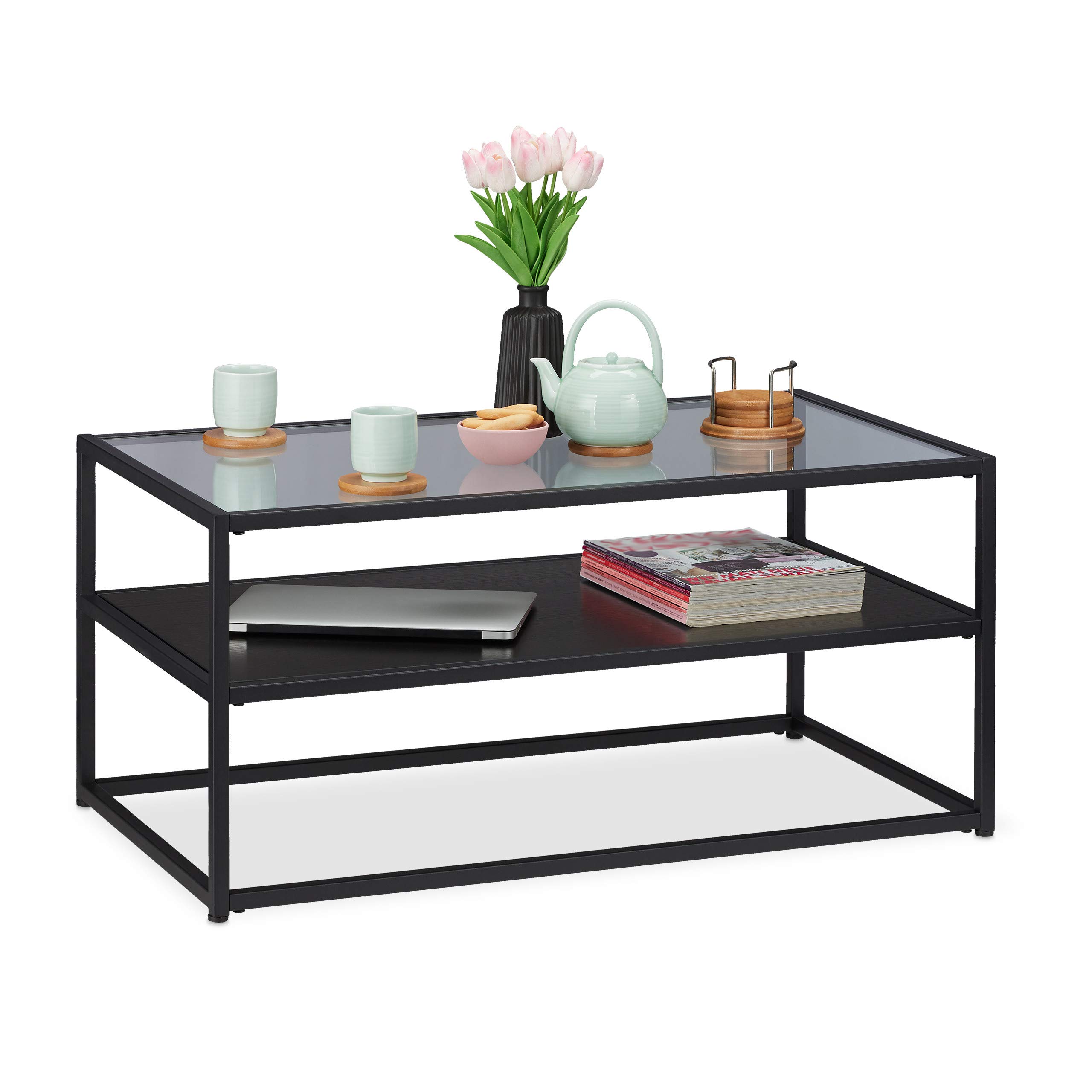 Relaxdays Tavolino da Divano, Ripiano in MDF, Vetro & Metallo, Design Moderno, Elegante Tavolino da Salotto, HLP 42x90x50 cm, Nero