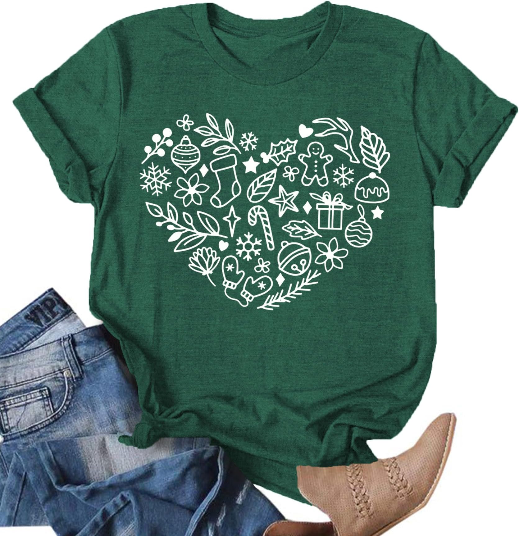 JIJECGSChristmas Heart Graphic Tees Tops Holiday T-Shirt