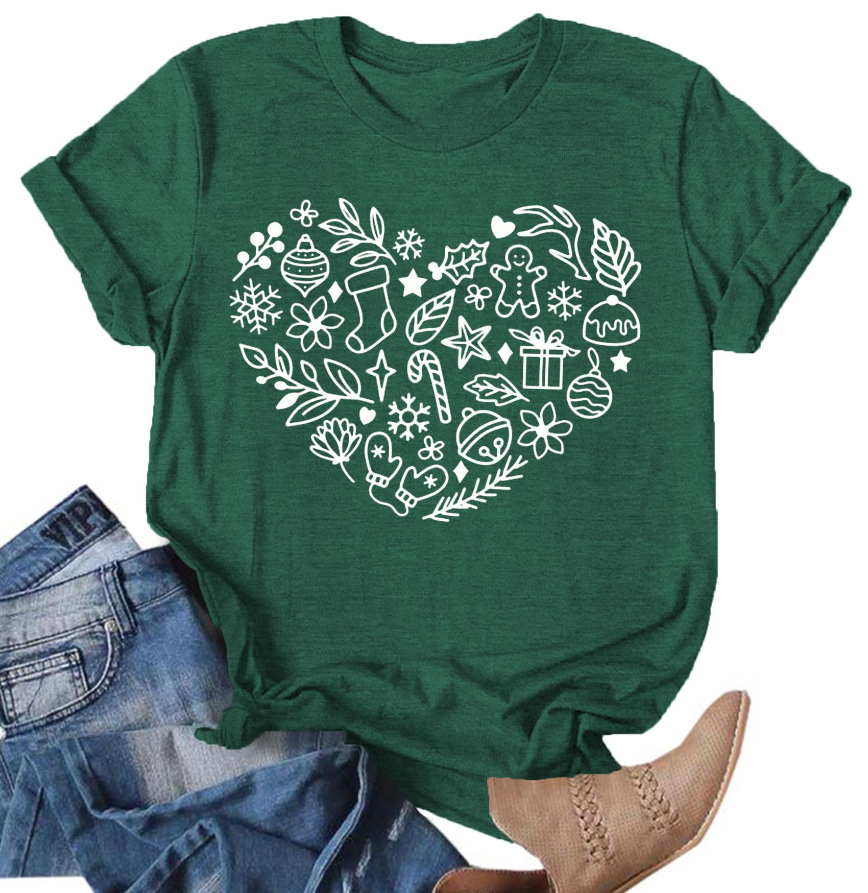 JIJECGSChristmas Heart Graphic Tees Tops Holiday T-Shirt