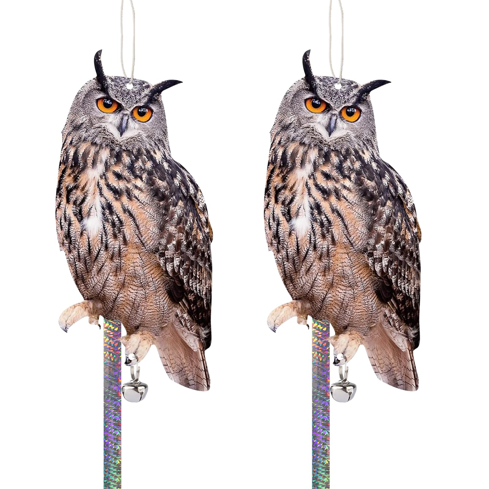 Homo Trends 2PCS Pigeon Deterrent Plastic Owl with Reflective Tape Bird Scarers for Gardens Hanging Owls to Keep Birds Away Flat Fake Owl Decoy to Scare Birds Away from Patio Windows Porch Tree Roofs
