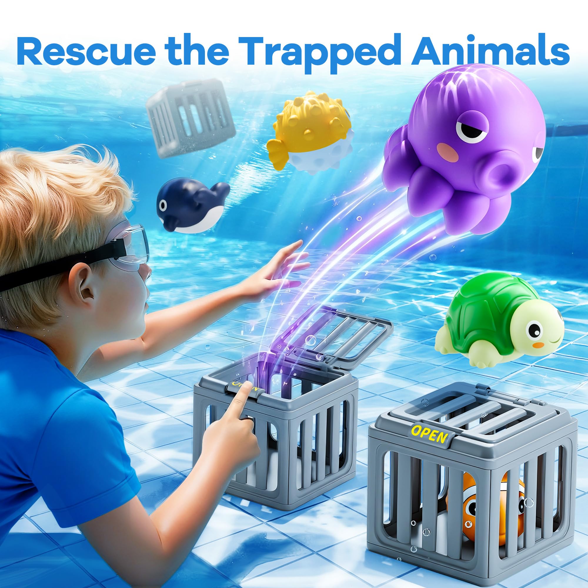 Funscape - Tauchspielzeug für Kinder, Schwimmbadspiel für Wasser Schwimmen Kleinkinder Badespielzeug-Set mit schwimmender Fischbox, Outdoor-Spaß, Strand