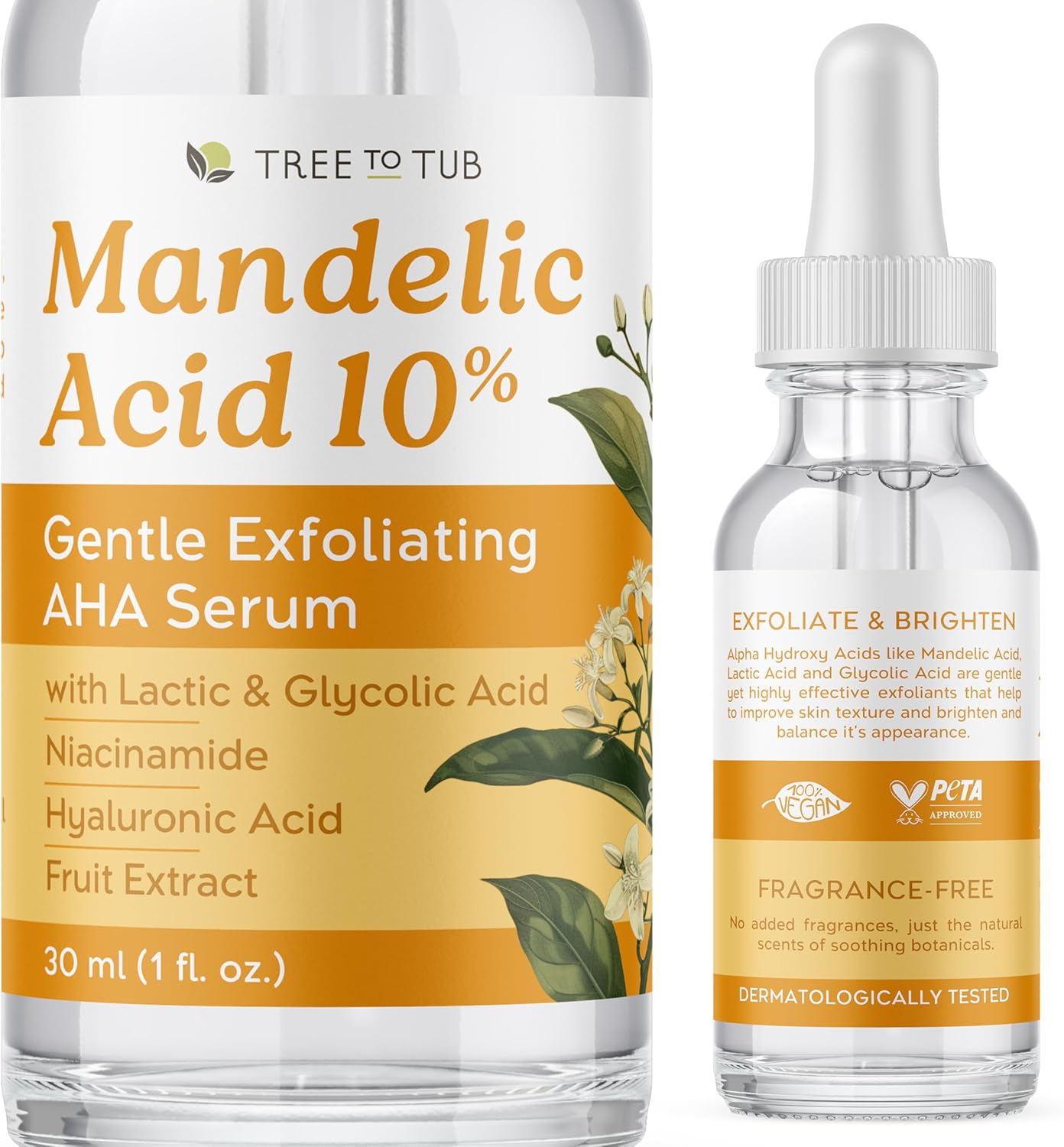 Tree To Tub Mandelic Acid Serum - 10% Gentle Exfoliating AHA Serum w/Lactic & Glycolic Acid for Smoother Skin - Hyaluronic Acid to Hydrate - Vegan Skincare for Men & Women