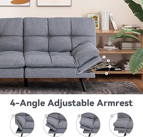 Miniatura 5 de Erdoru, Sofá biplaza futón de espuma viscoelástica, sofá cama moderno con respaldo convertible y reposabrazos, color gris claro