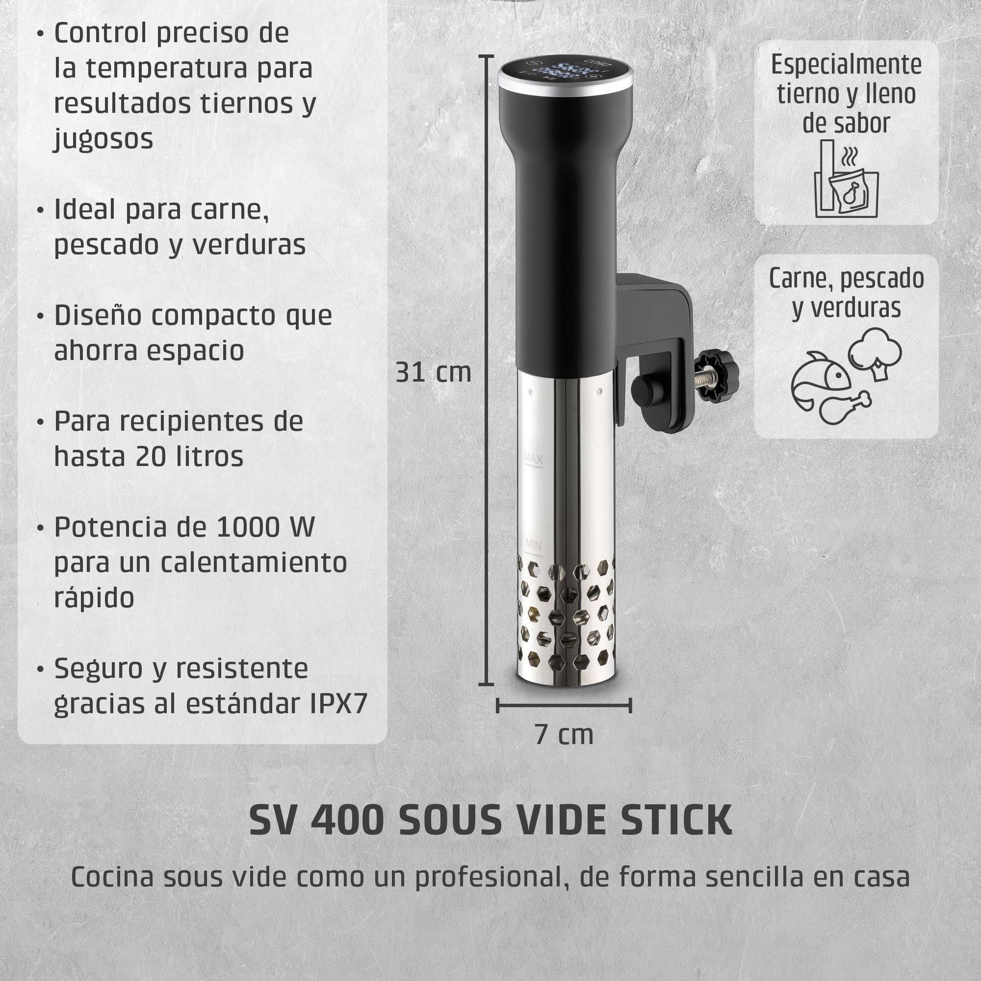 CASO SV 400 - Sous Vide roner cocina baja temperatura profesional 1000W, Stick Sous Vide para recipientes de hasta 20 l de volumen, cocina Sous Vide, 25-90 °C en incrementos de 0,5 °C, IPX7