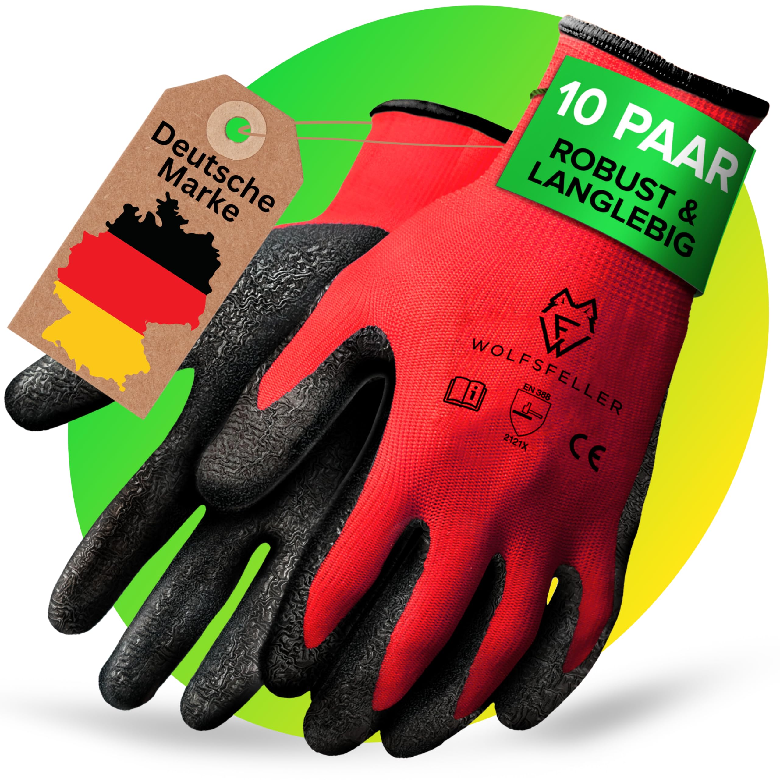 WOLFSFELLER 10 Paar robuste & komfortable Handschuhe Arbeitshandschuhe Herren Gr 10 - Arbeitshandschuhe Damen - Gartenhandschuhe Herren - Mechaniker Handschuhe mit Latex Beschichtung.