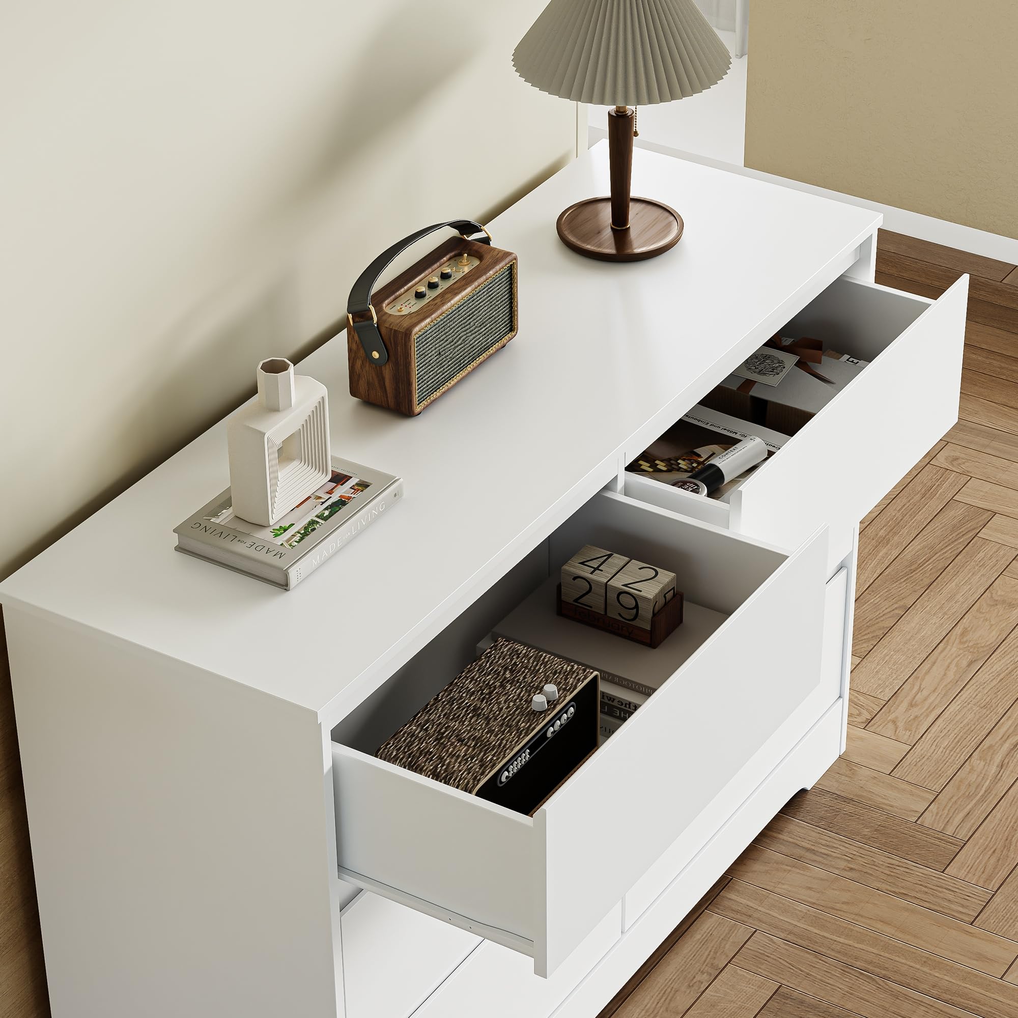 FOREHILL Cassettiera Camera da letto 120cm,Cassettiera Bianca con 6 Cassetti,Comodino con Cassetti Moderno, Spedito in 2 pacchi,adatto per Camera da Letto, Corridoio, Soggiorno,Ufficio 120x40x82cm