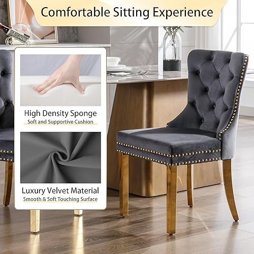 Miniatura 4 de Juego de 2 sillas de comedor, sillas de terciopelo acolchadas con patas doradas de acero inoxidable, anillo de tirador de metal con ribete de