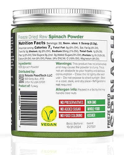 Miniatura 2 de RETASTE - Polvo de espinacas, superalimento de verduras liofilizadas, solo un ingrediente, sin aditivos, 100% fibra natural pura y cruda, vegetal