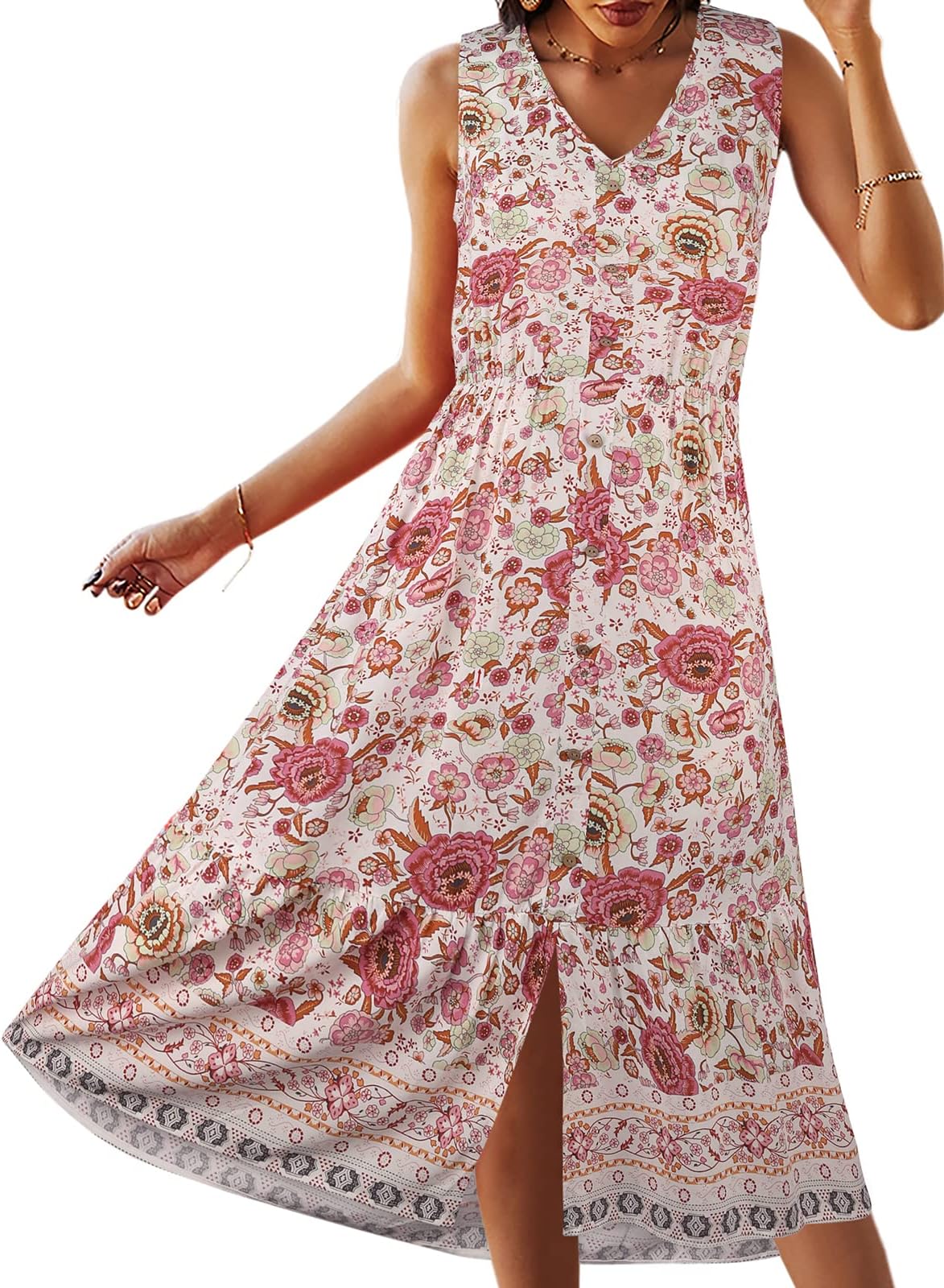 TEMOFONWomen Dress Summer Sleeveless Floral Bohemian V Neck Button Down Flowy Dresses S-XL - - Large
