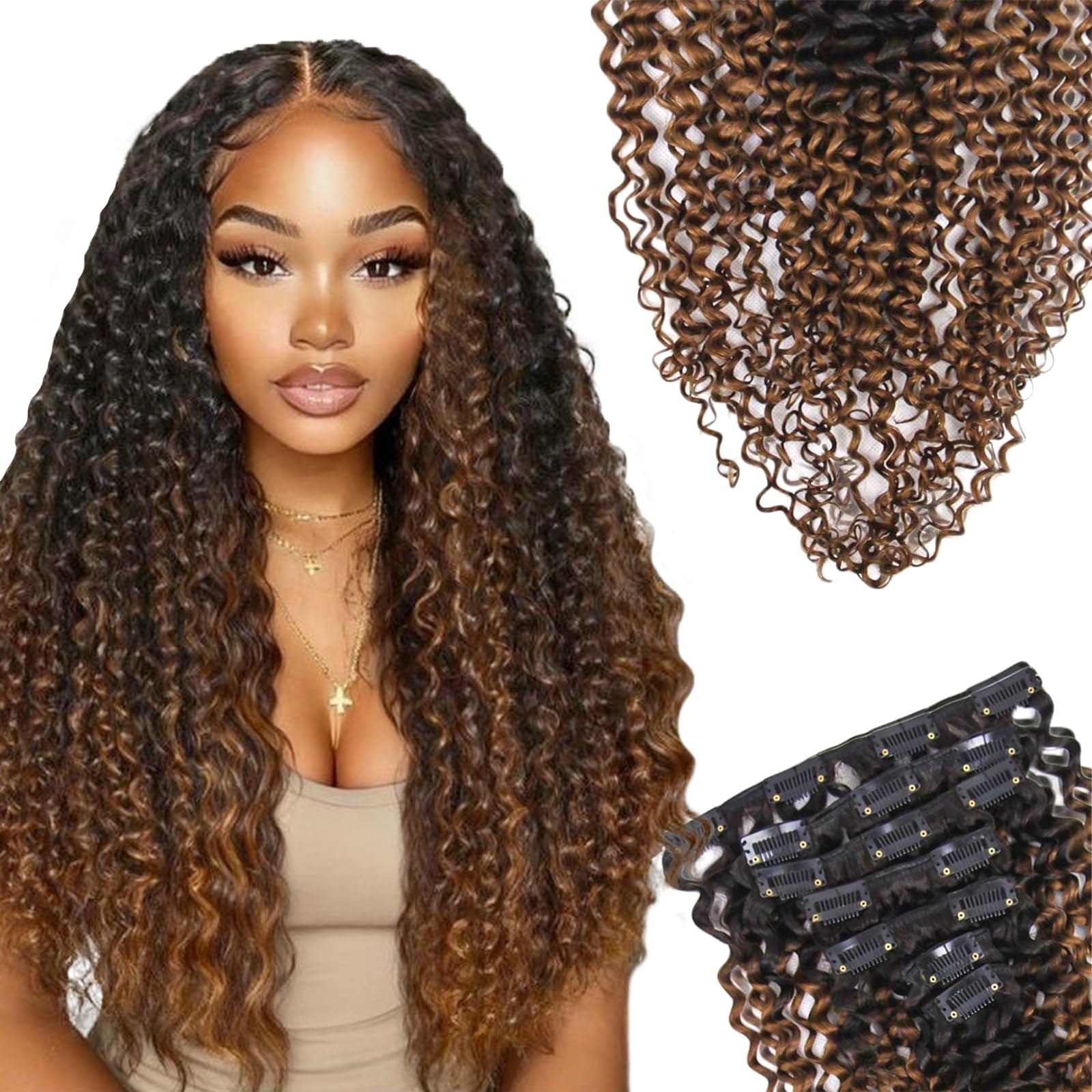 SIYUSI Kinky Curly Clip In Extensions, 3C 4A 100% Brazilian Remy Human Hair Clip Ins, Invisible & Scalp-Friendly, Chocolate Brown Ombre, 3.52oz, 7Pcs