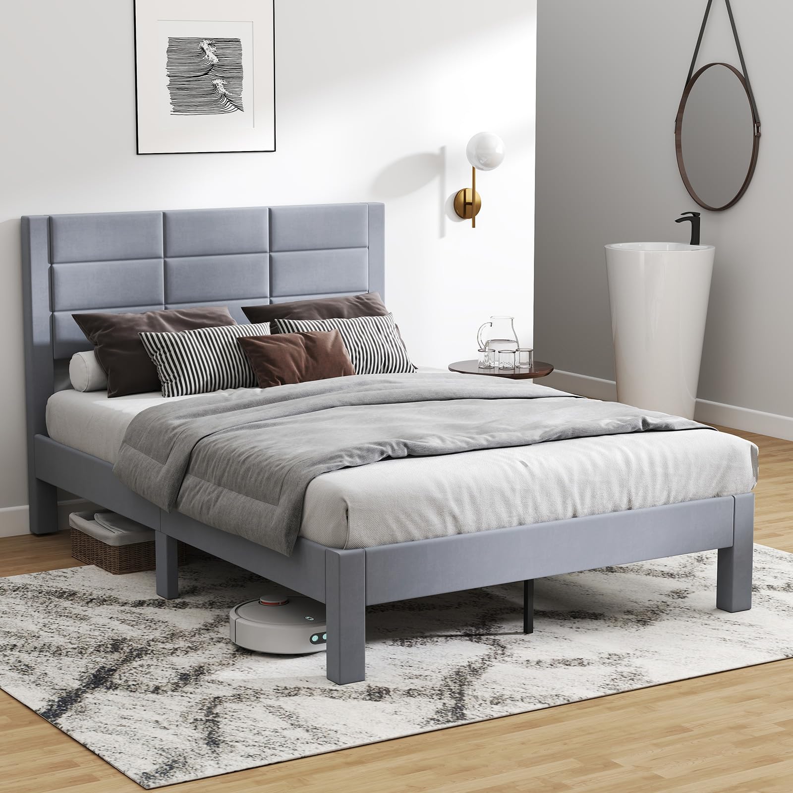 LIFEZEAL Estructura de Cama de 140 x 200 cm, Tapizada de Tela con Cabecero, Cama Tapizada con Somier, Marco de Cama Doble para Adultos y Jóvenes (211 x 141 x 109 cm)
