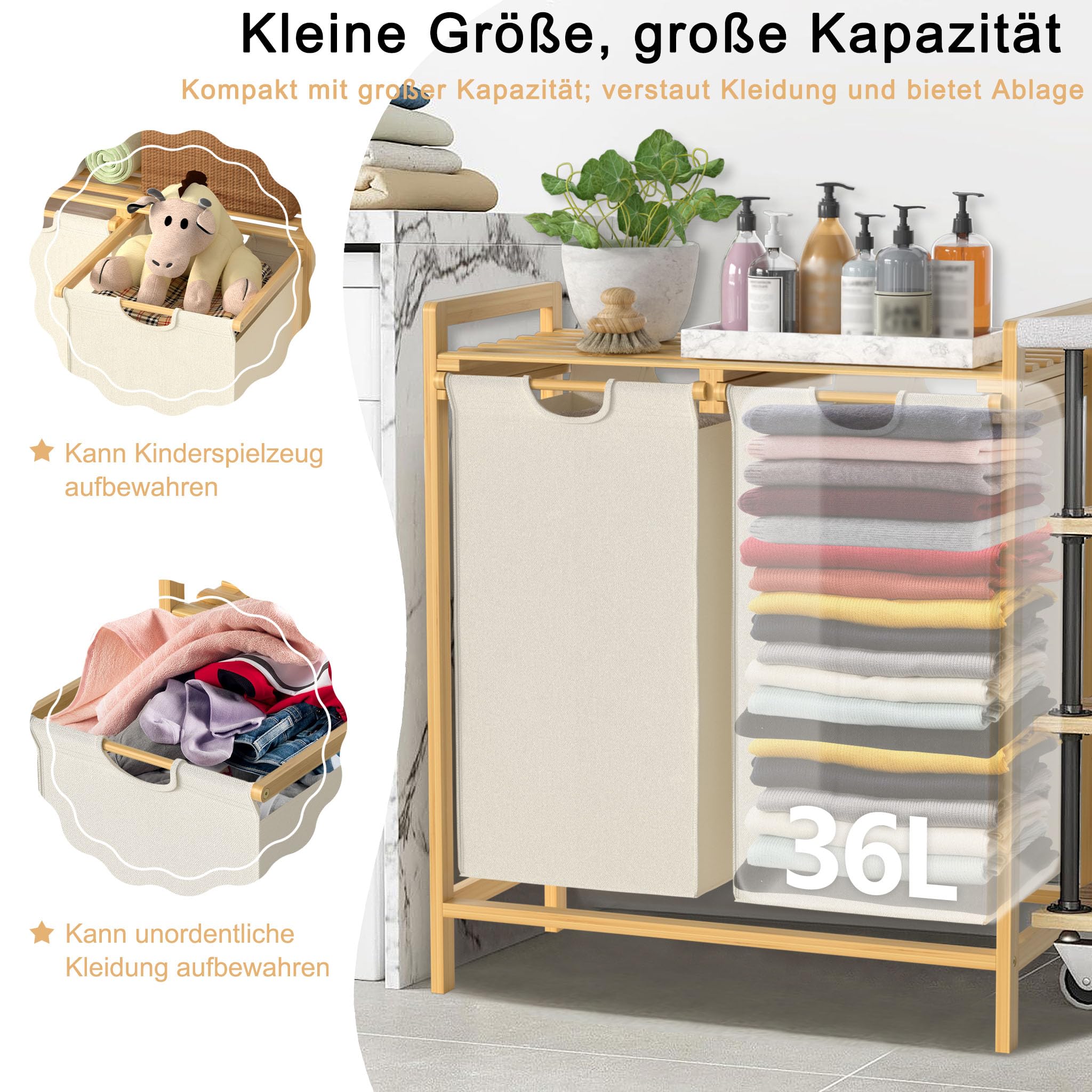 UISEBRT Bambus Wäschekorb mit 2 Fächern, 72L Wäschesortierer aus Oxford-Stoff, Wäschesortiersystem abnehmbar und waschbar, 73x64x33,5cm, Beige